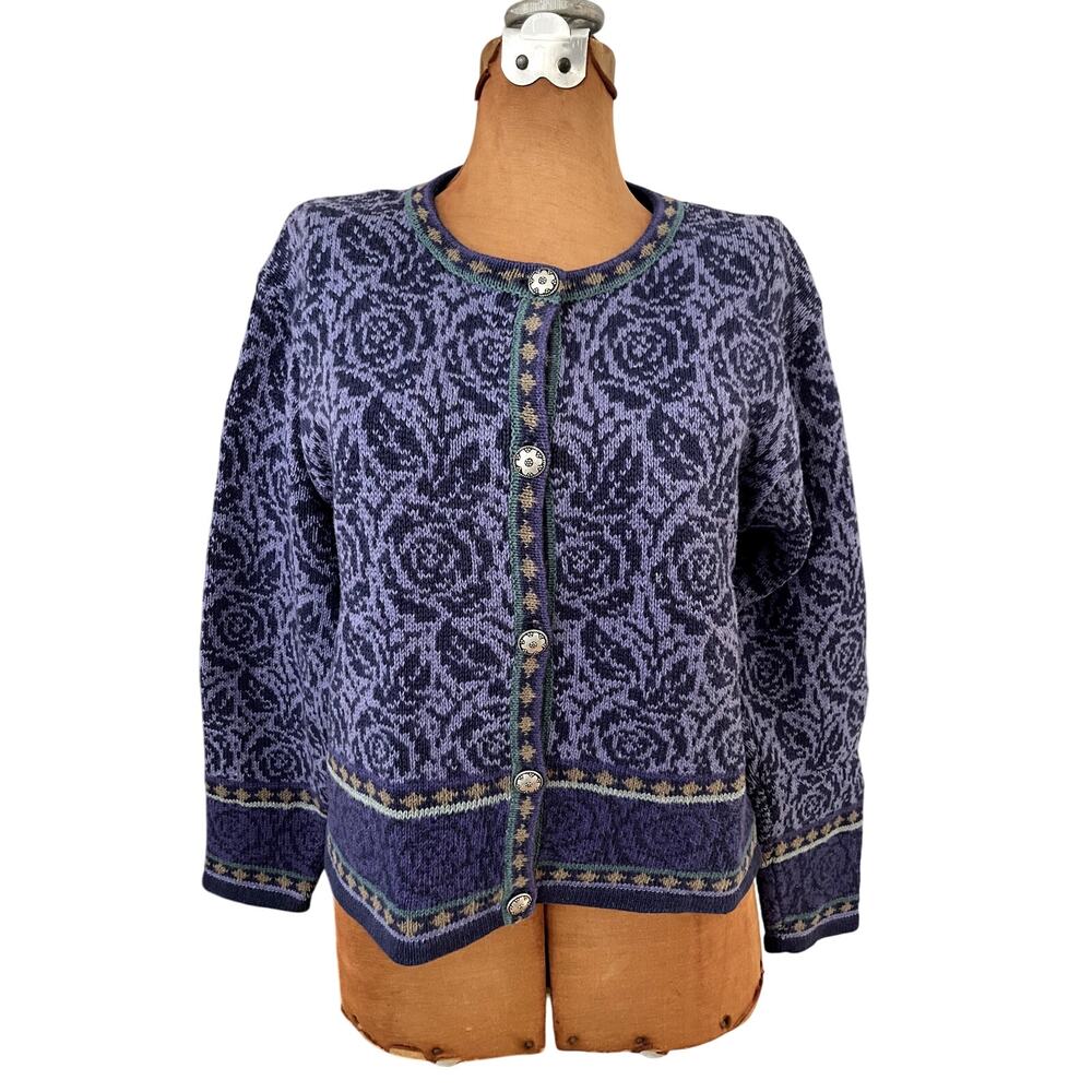 Nomadic Traders Sz M Floral Cardigan Sweater Purple Ramie Cottage Vintage Nordic